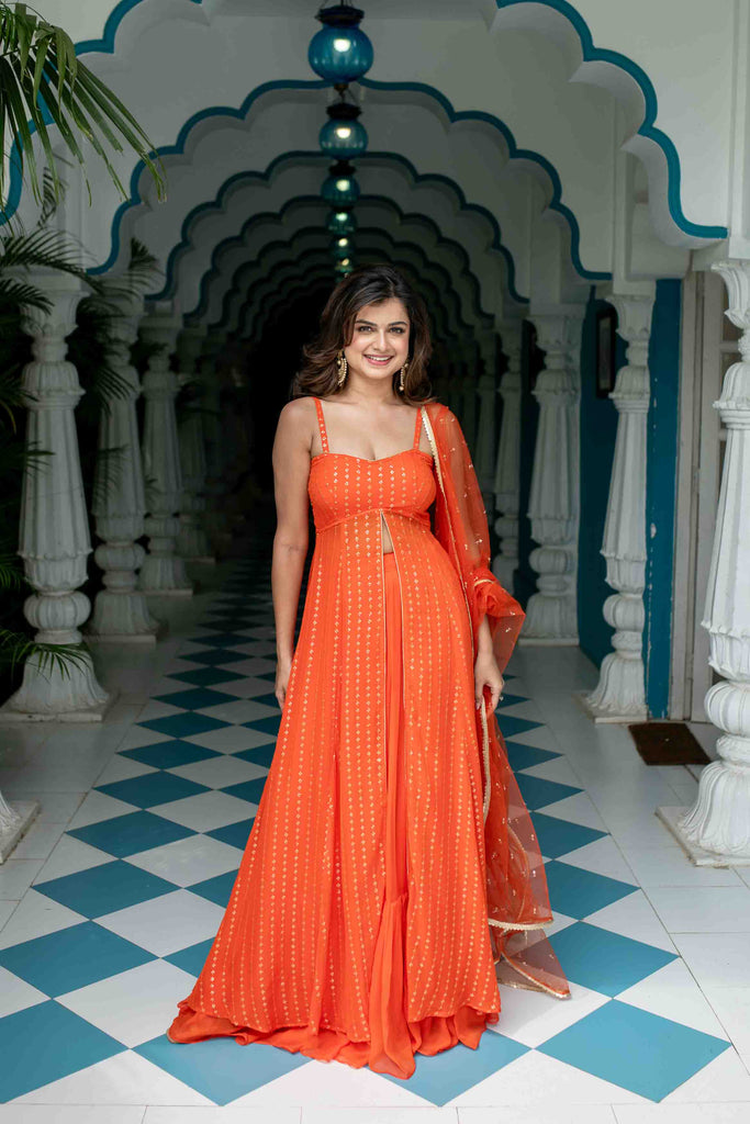 Women's Orange Long Slit Kurta With Skirt