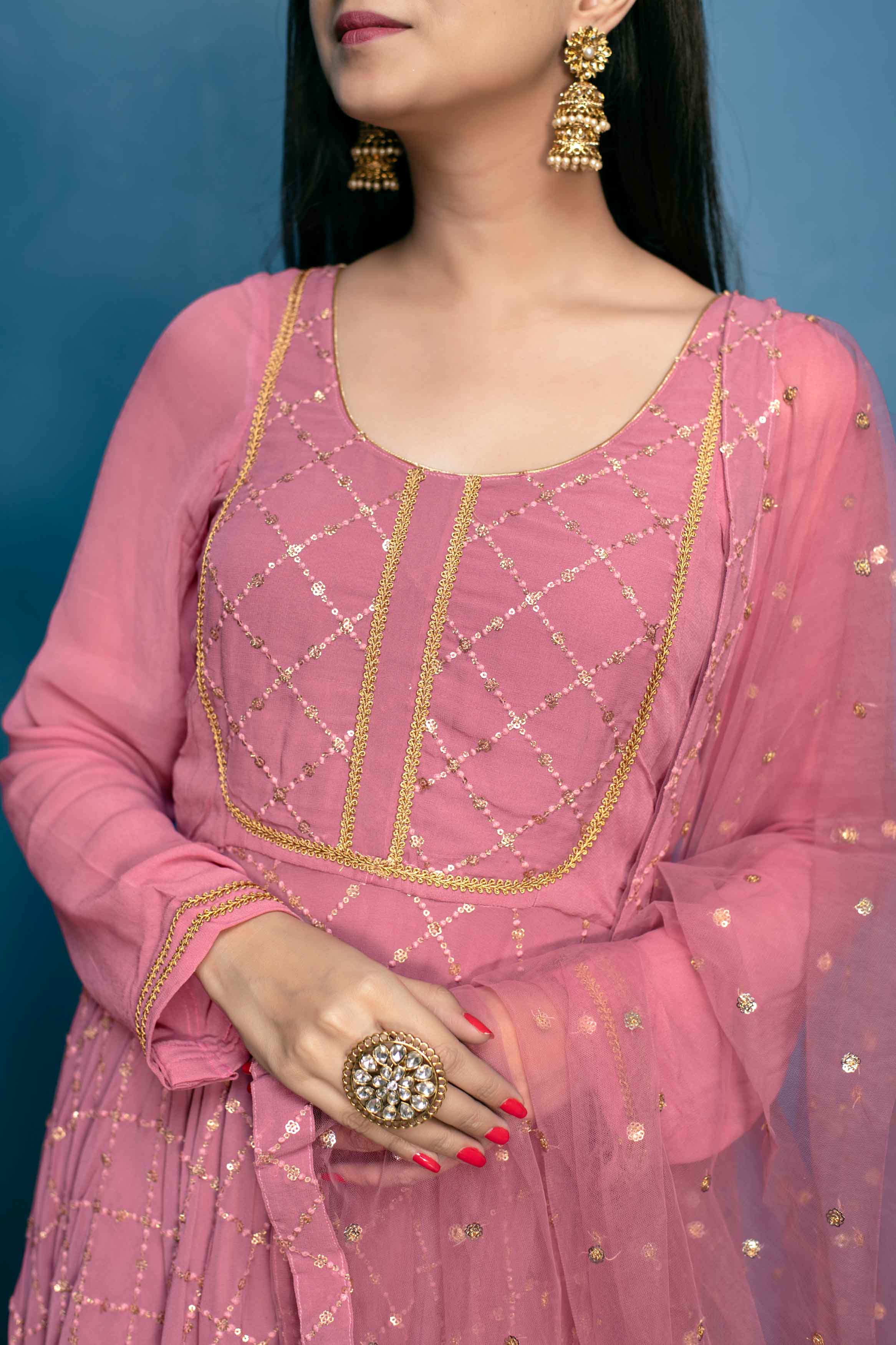 Women's Dusty Pink Thread And Sequin Work Anarkali Set (3pc Set) - Label Shaurya Sanadhya