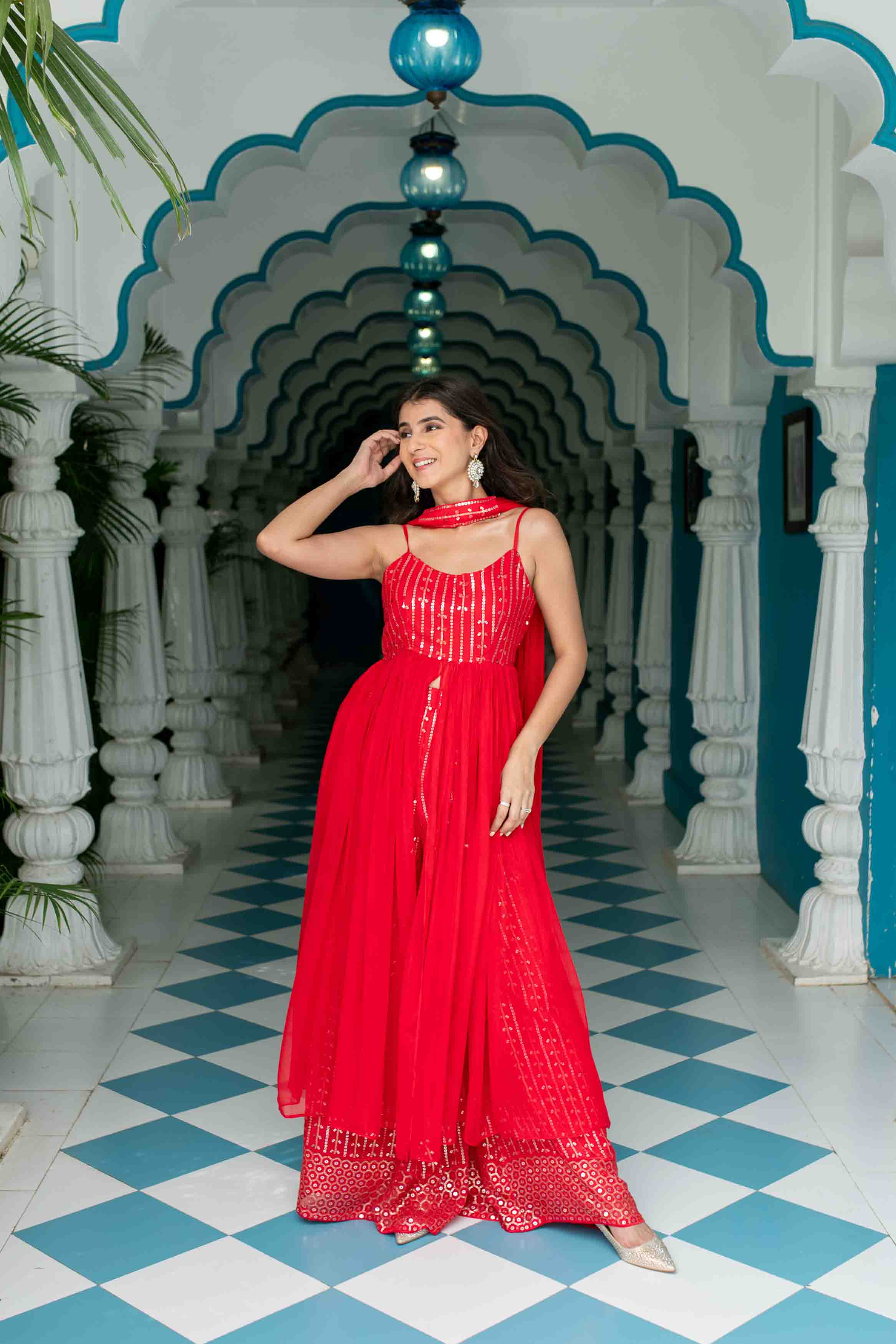 Women's Red Long slit top with palazzo - Label Shaurya Sanadhya