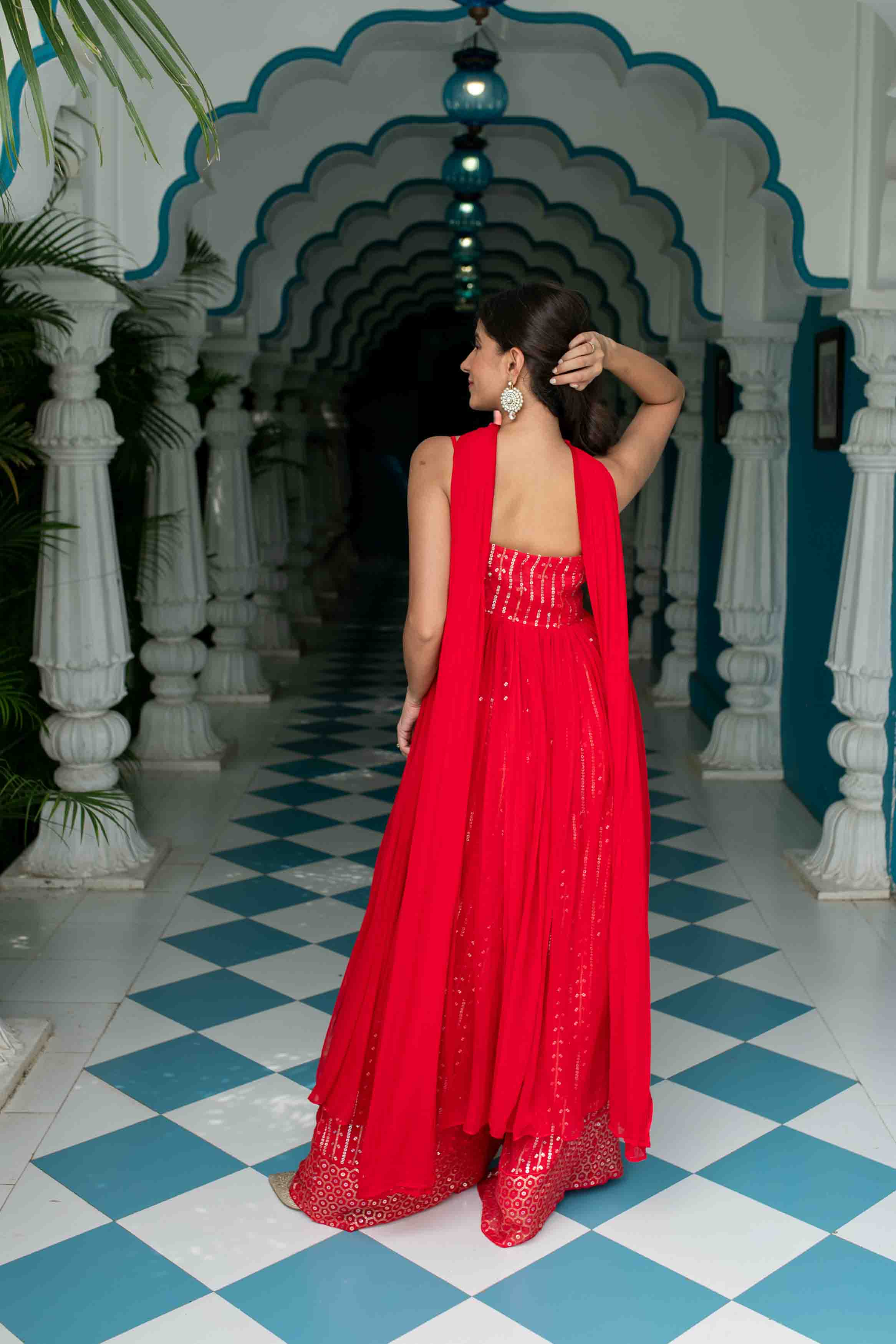 Women's Red Long slit top with palazzo - Label Shaurya Sanadhya