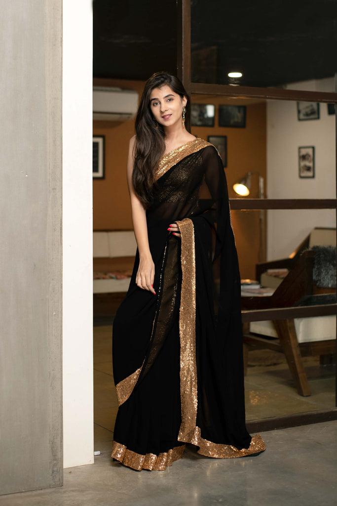Women's Black Georgette Saree With Blouse