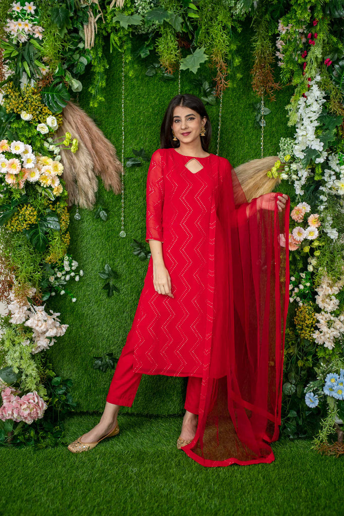 Women's Red Thread Work Kurta Set