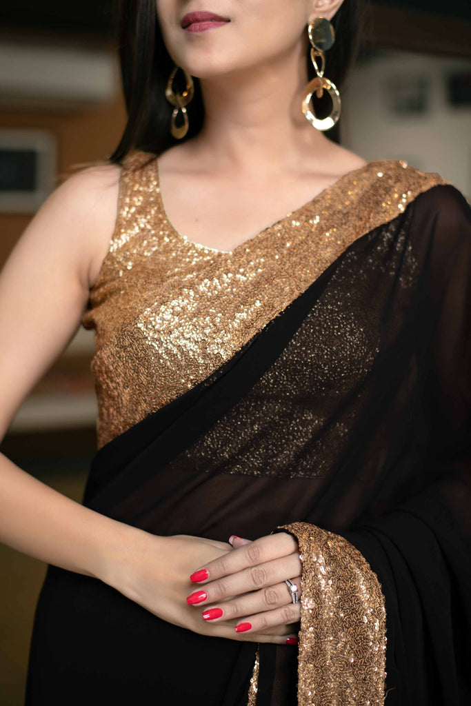Women's Black Georgette Saree With Blouse