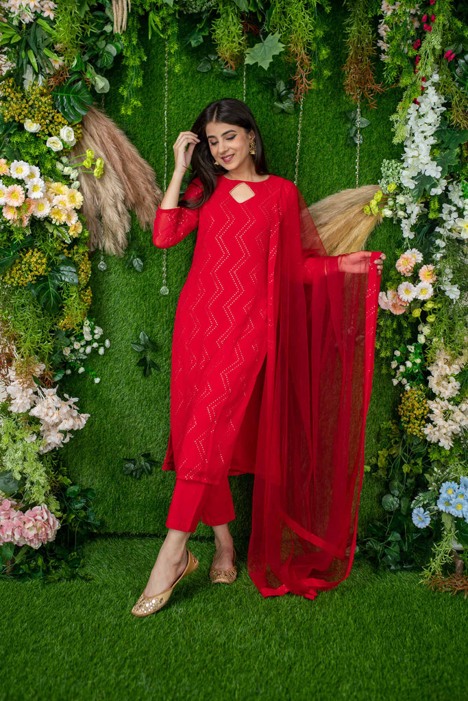 Women's Red Thread Work Kurta Set