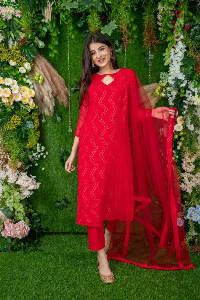 Women's Red Thread Work Kurta Set