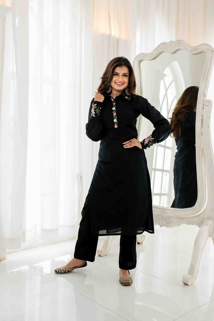 Women's Black Chanderi Embroidered KurtaÂ Set