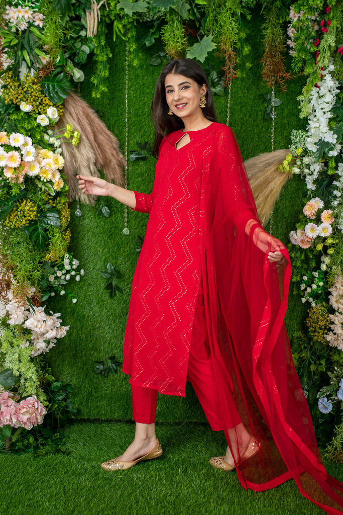 Women's Red Thread Work Kurta Set