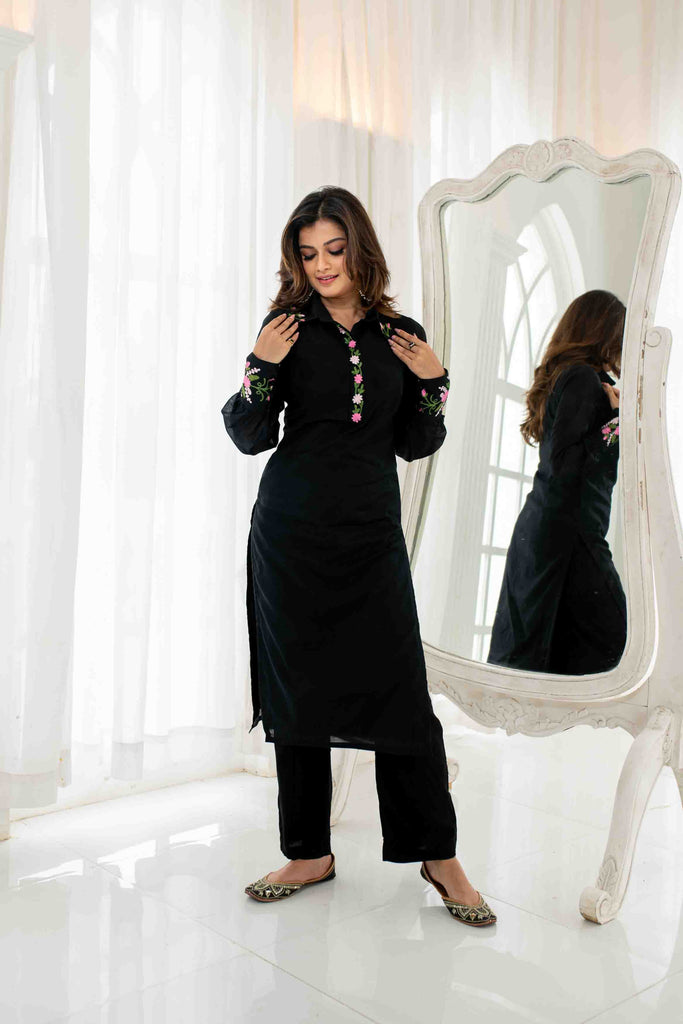 Women's Black Chanderi Embroidered KurtaÂ Set