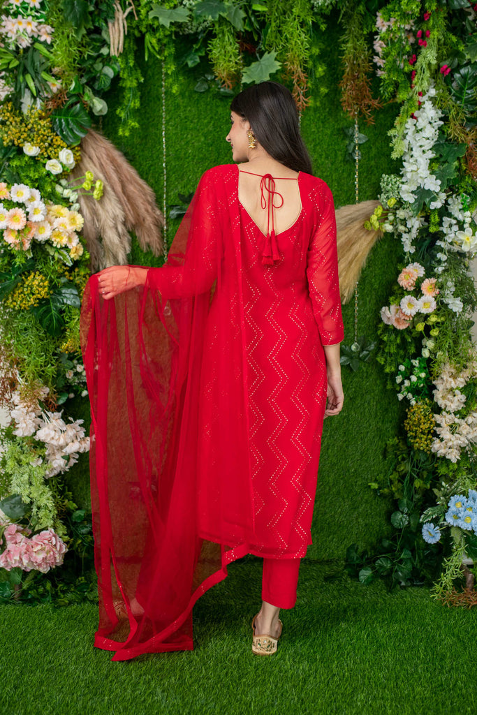 Women's Red Thread Work Kurta Set