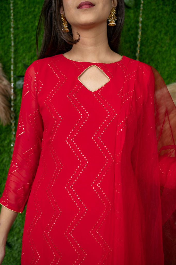 Women's Red Thread Work Kurta Set