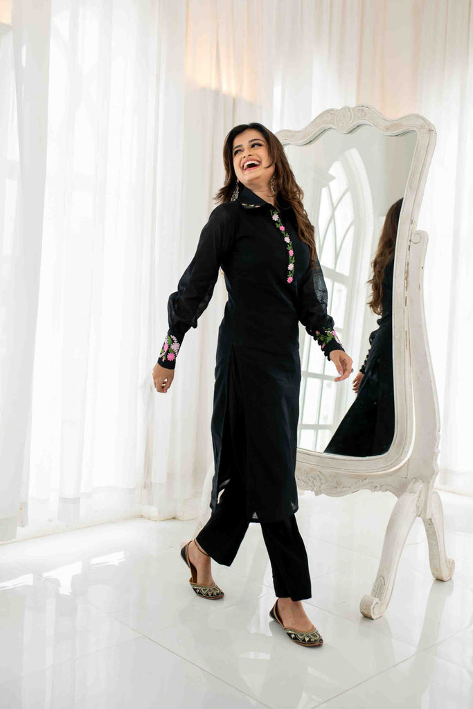 Women's Black Chanderi Embroidered KurtaÂ Set