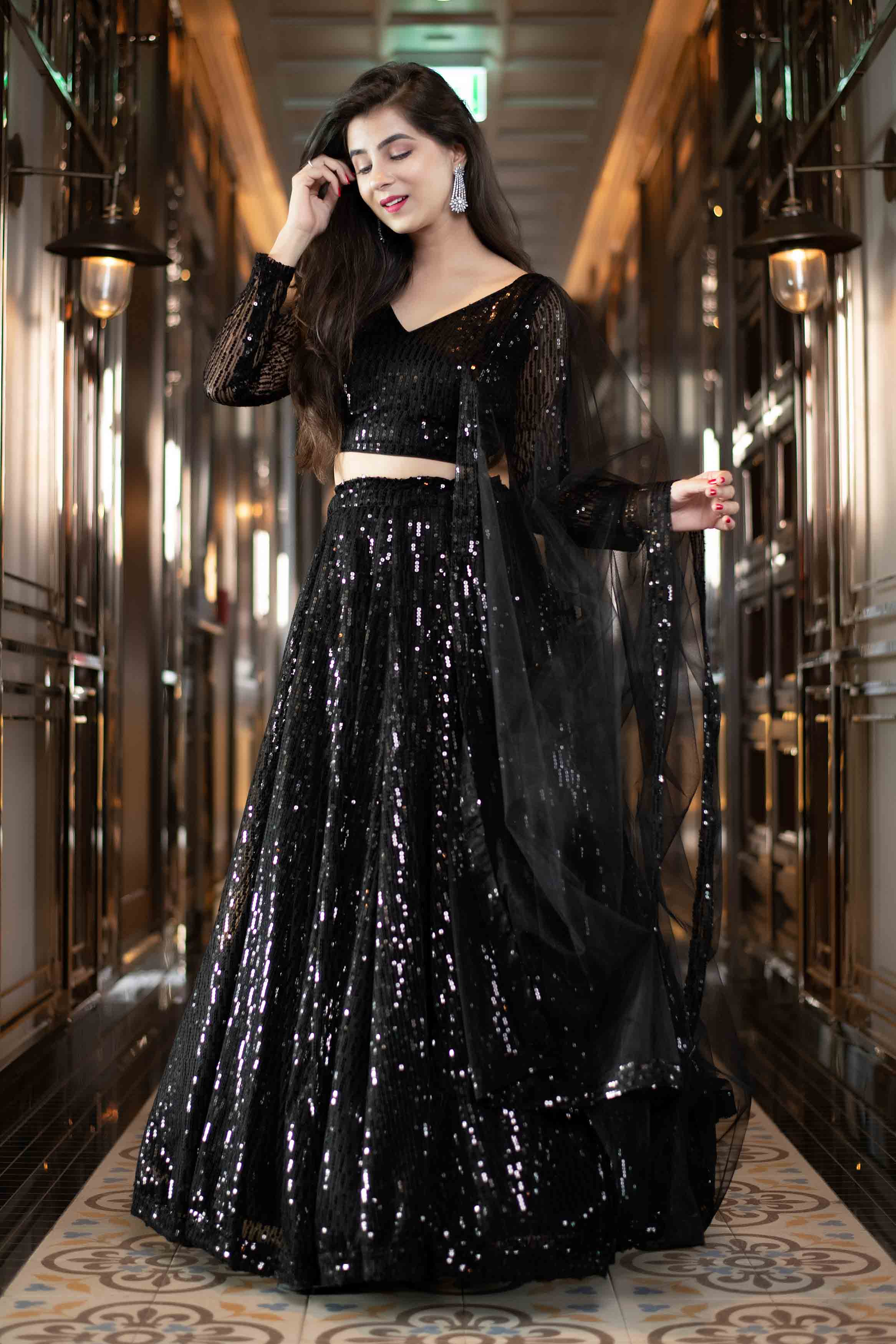 Buy Black Silk Organza Embroidered Glass Beads Notched Lehenga Set For  Women by Varun Chakkilam Online at Aza Fashions.