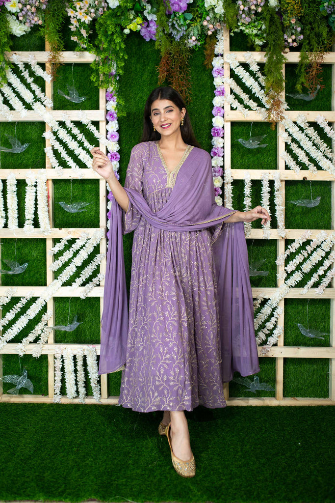 Women's Violet Gold Thread Work Anarkali