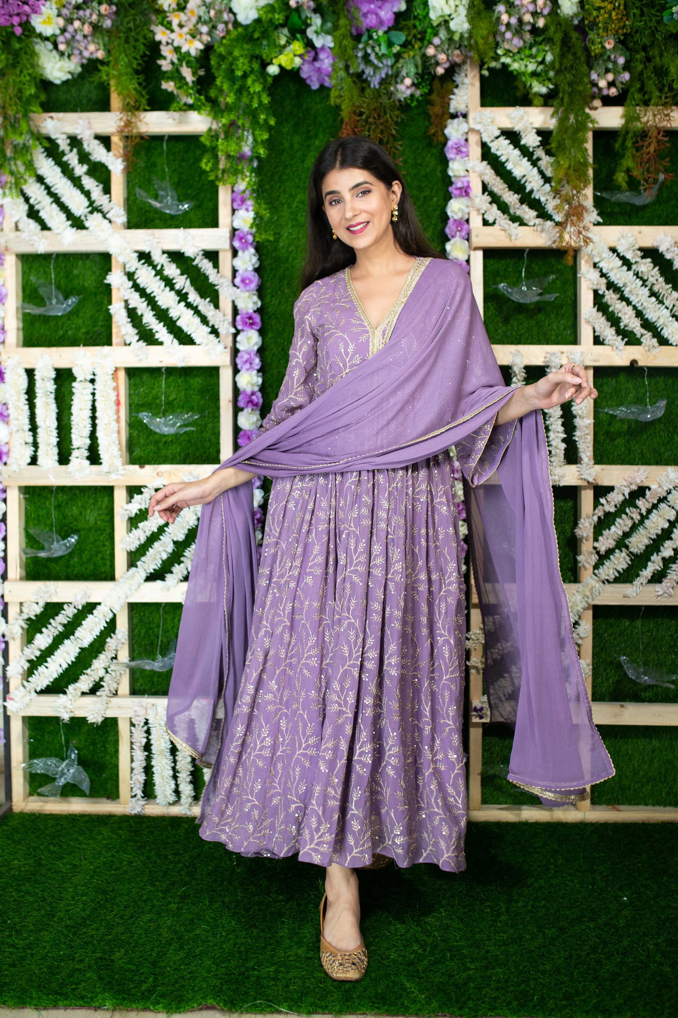 Women's Violet Gold Thread Work Anarkali