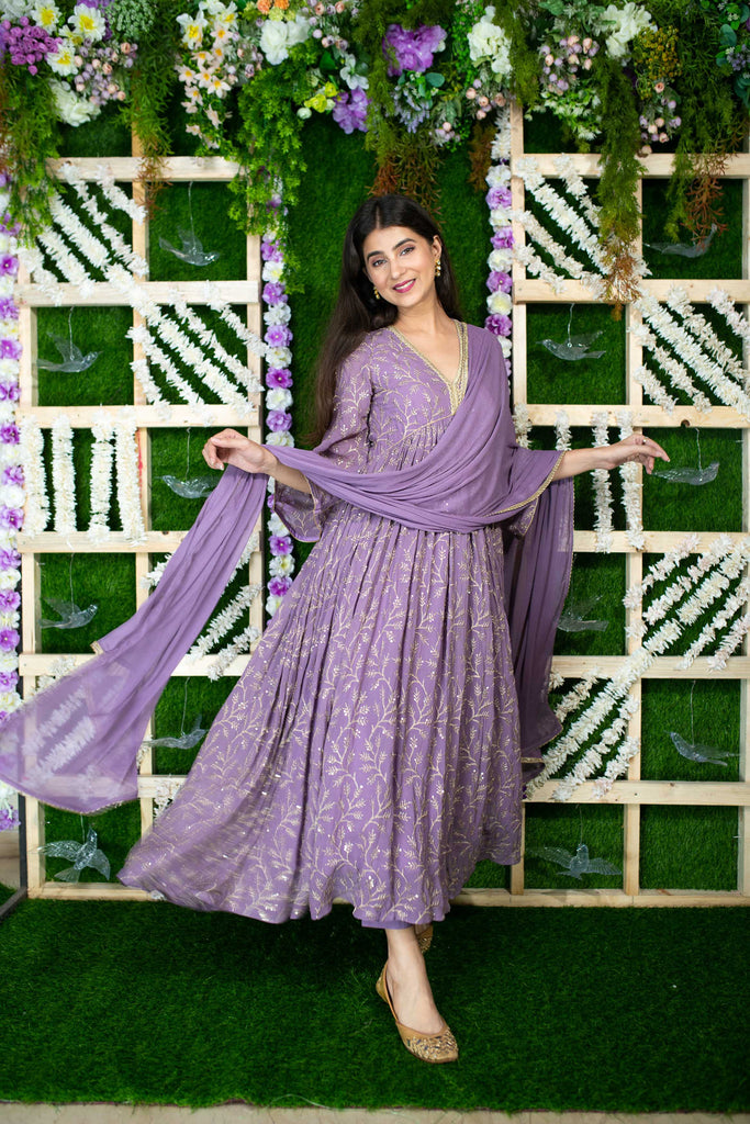 Women's Violet Gold Thread Work Anarkali