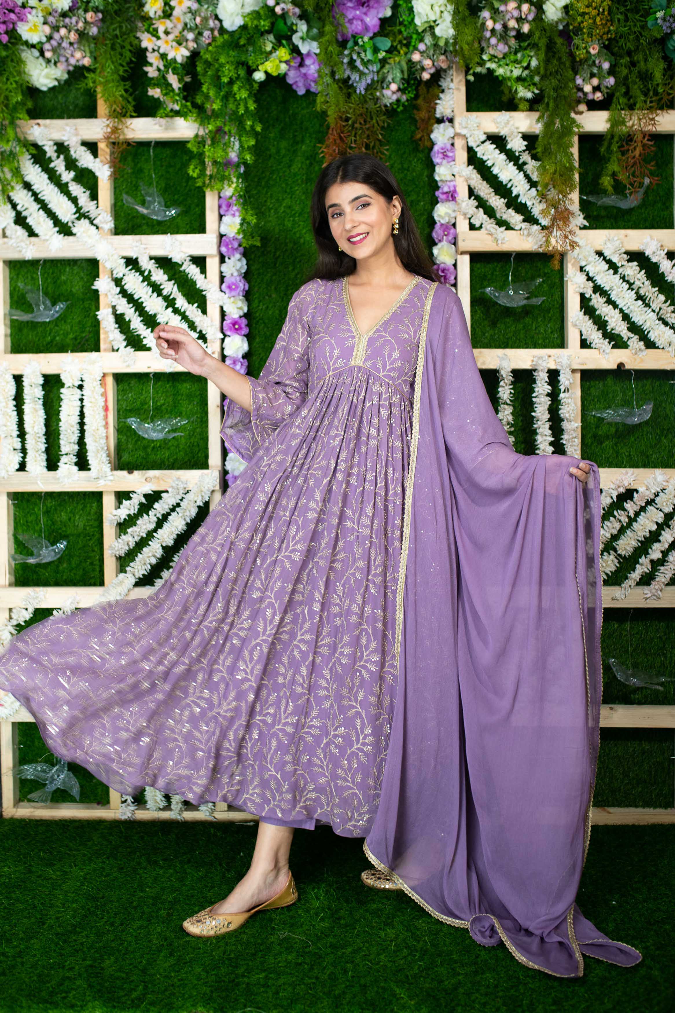 Women's Violet Gold Thread Work Anarkali - Label Shaurya Sanadhya