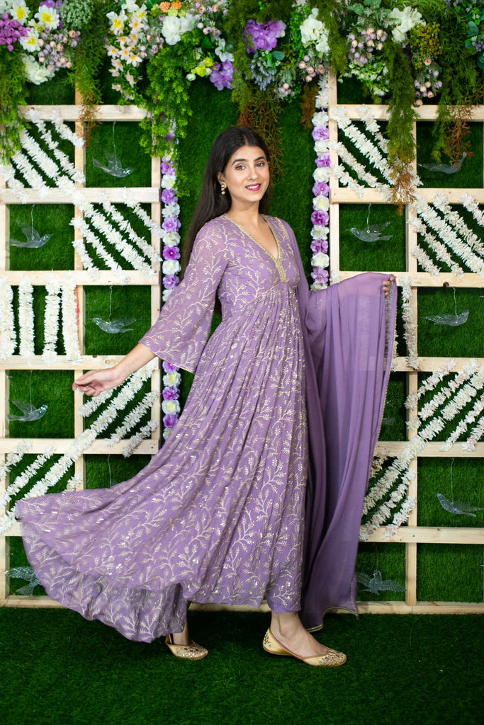 Women's Violet Gold Thread Work Anarkali