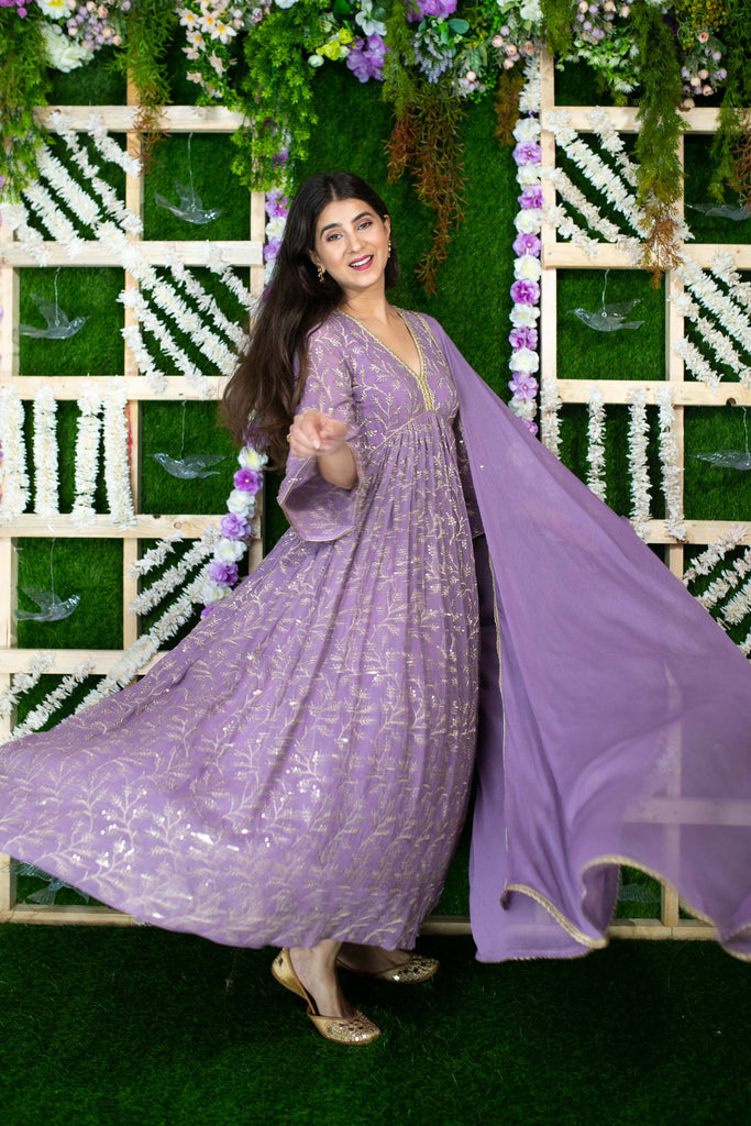 Women's Violet Gold Thread Work Anarkali