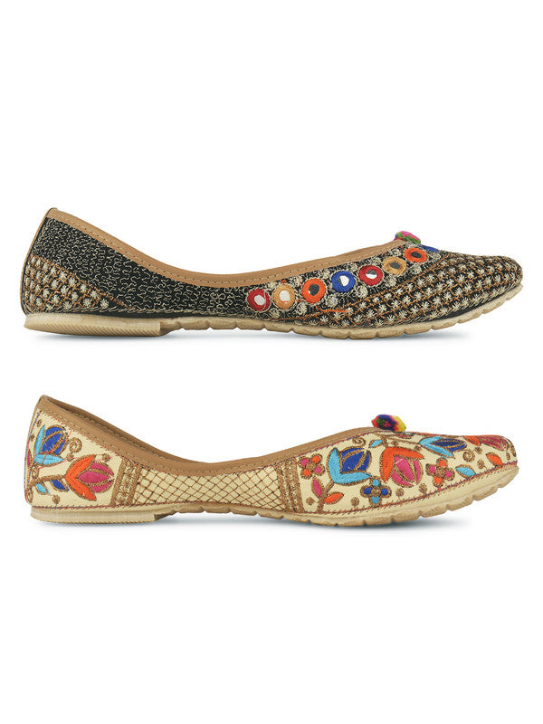 Women's Multicolour Combo of 2 Pair of Embroidered Indian Handcrafted Ethnic Comfort Footwear - Desi Colour