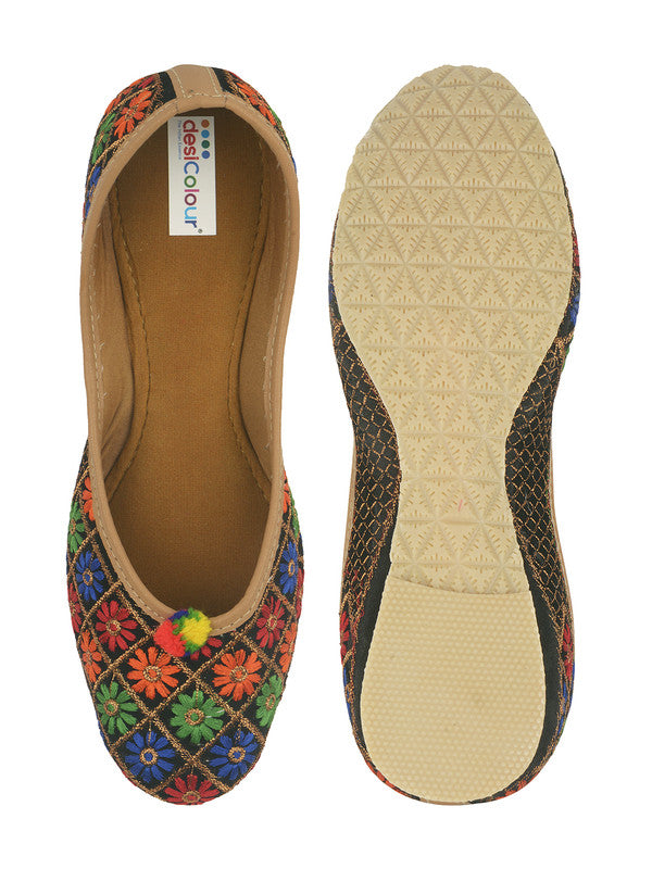 Women's Floral Black Womens Indian Ethnic Comfort Footwear - Desi Colour