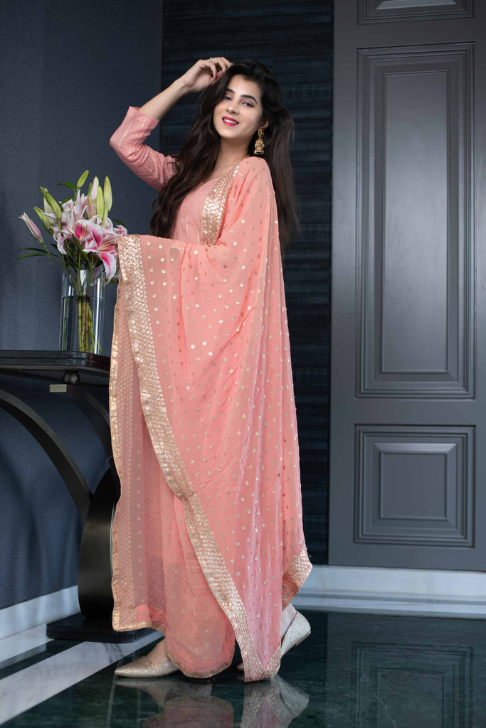 Women's Peach Kurta set With Heavy Dupatta (3pcs Set)