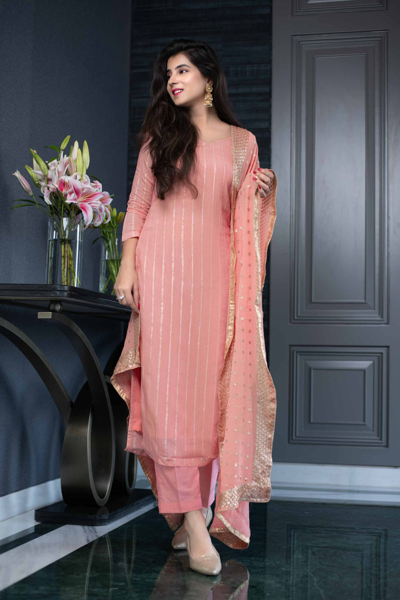 Women Peach Three-Quarter Sleeves Straight Kurta Palazzo With Dupatta main image 1