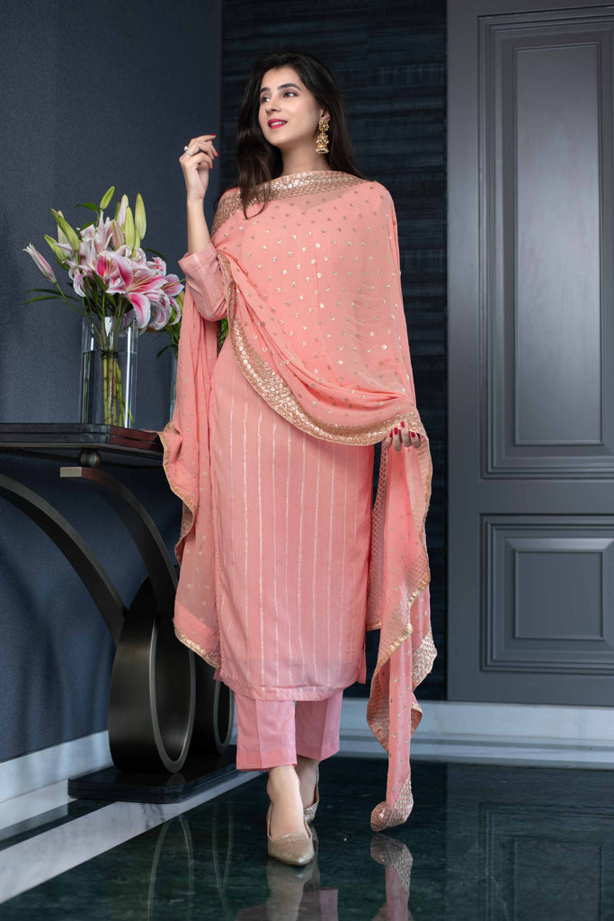 Women's Peach Kurta set With Heavy Dupatta (3pcs Set)