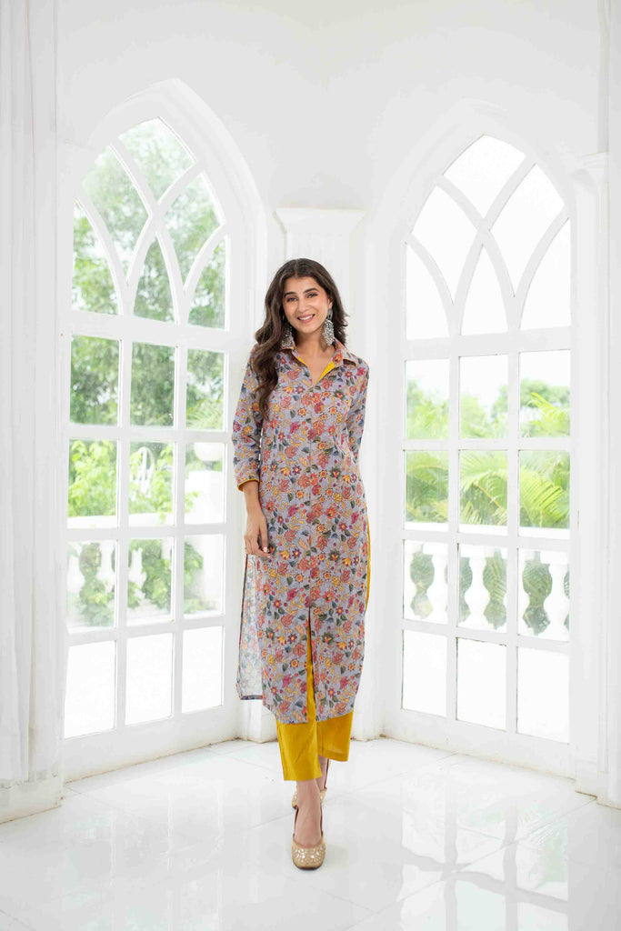 Women's Grey Mustard Self Embroidery  Cotton Kurta Set