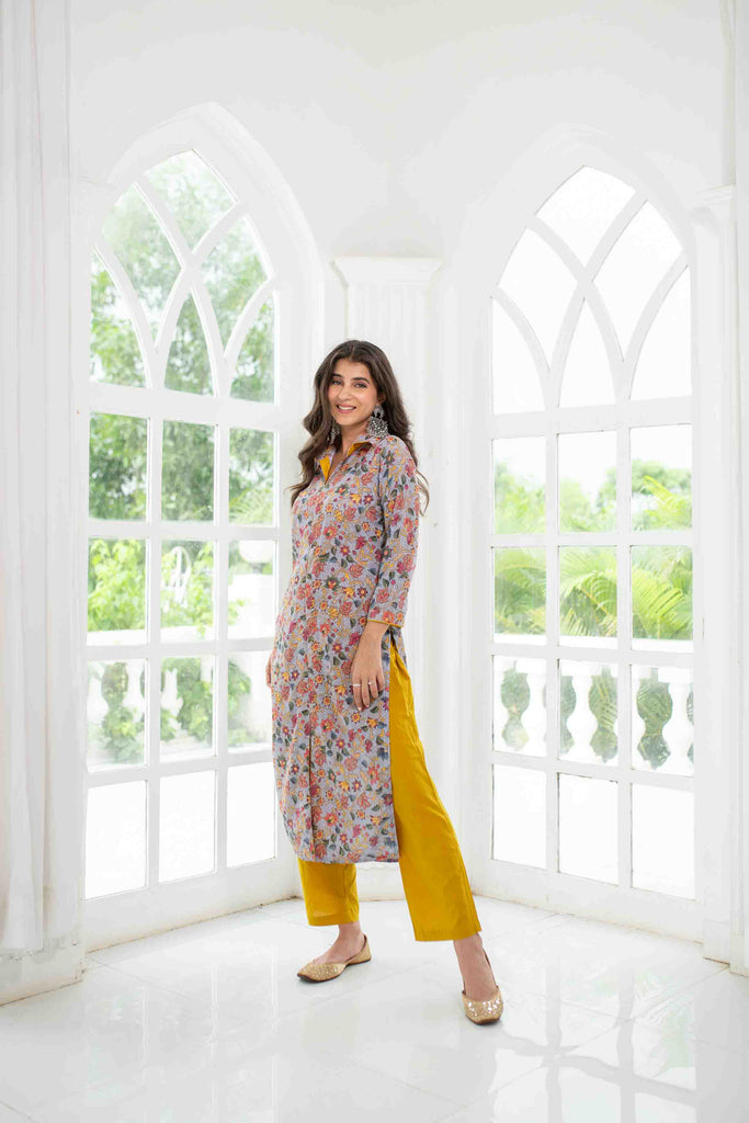 Women's Grey Mustard Self Embroidery  Cotton Kurta Set
