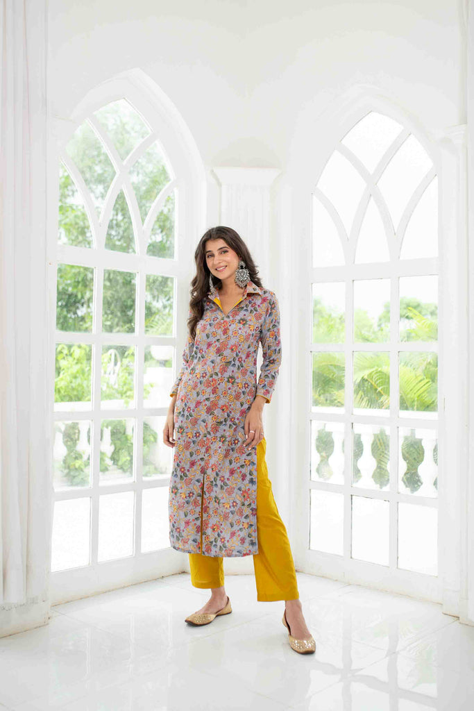 Women's Grey Mustard Self Embroidery  Cotton Kurta Set