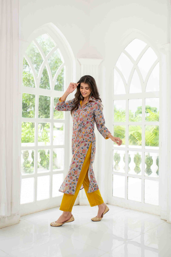 Women's Grey Mustard Self Embroidery  Cotton Kurta Set