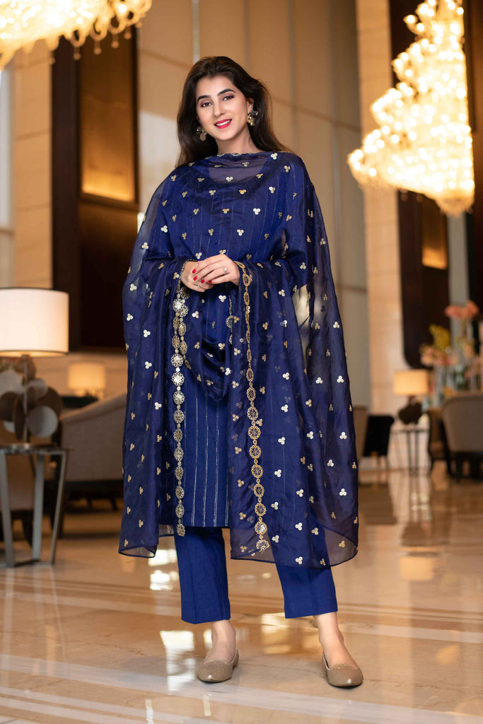 Women's Royal Blue Kurta Set With Organza Dupatta (3pcs Set)
