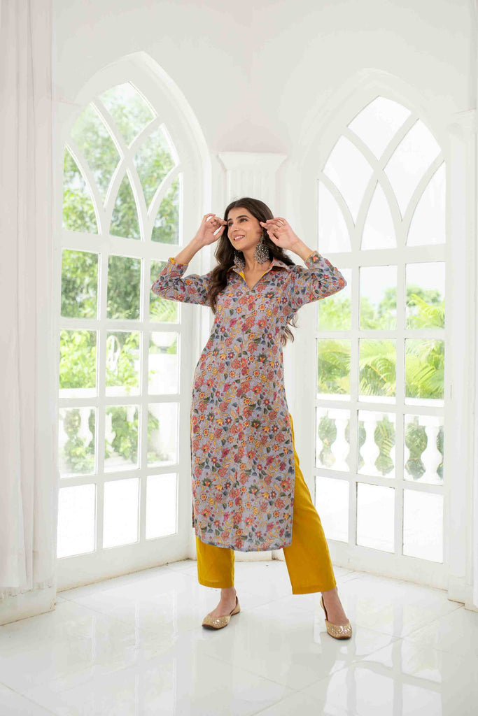 Women's Grey Mustard Self Embroidery  Cotton Kurta Set