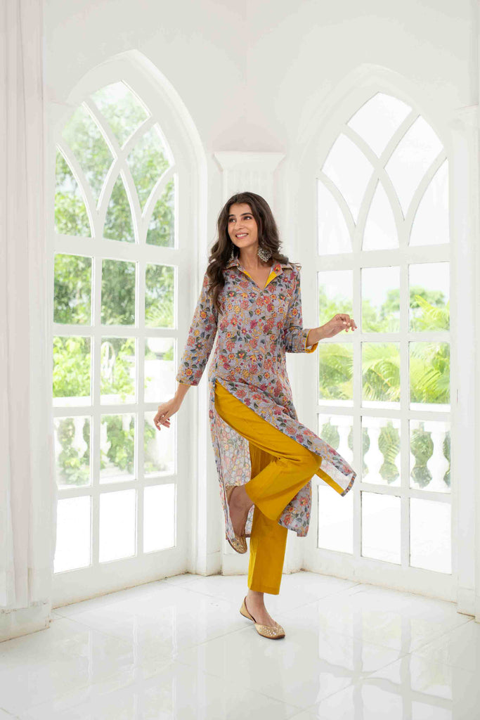 Women's Grey Mustard Self Embroidery  Cotton Kurta Set