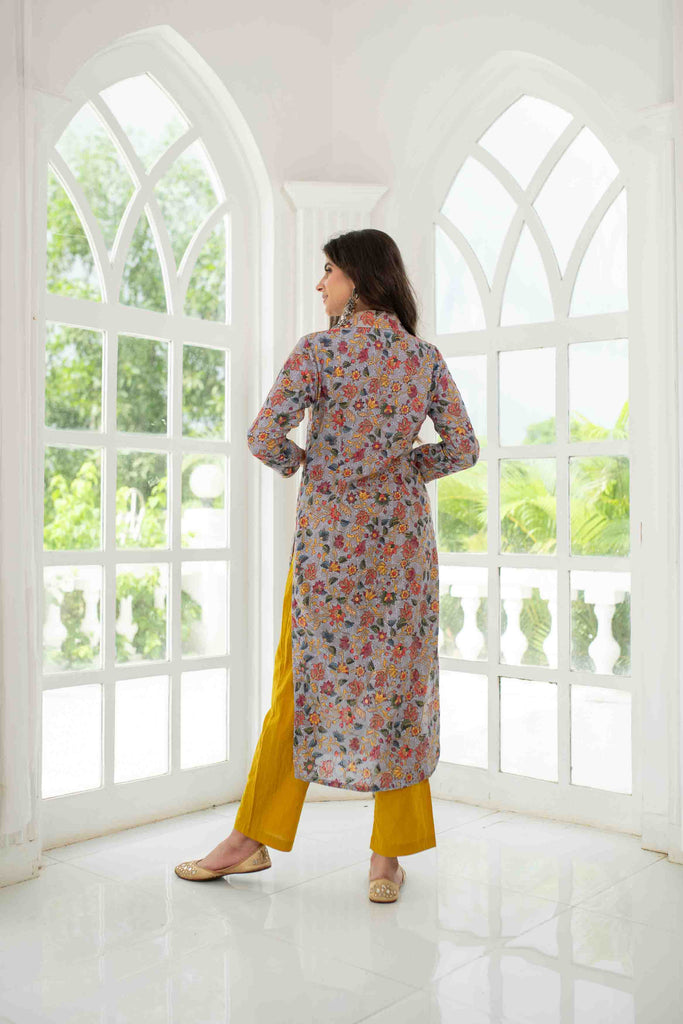Women's Grey Mustard Self Embroidery  Cotton Kurta Set