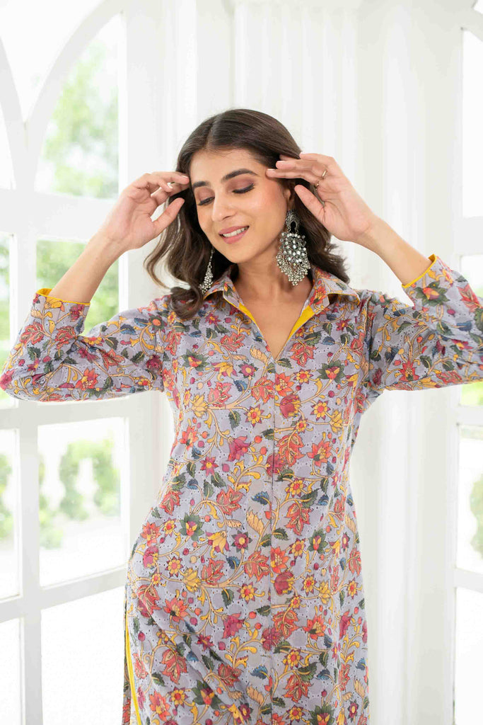Women's Grey Mustard Self Embroidery  Cotton Kurta Set