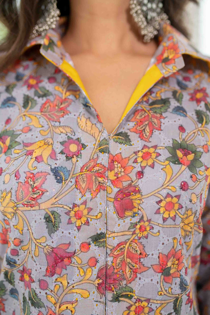 Women's Grey Mustard Self Embroidery  Cotton Kurta Set