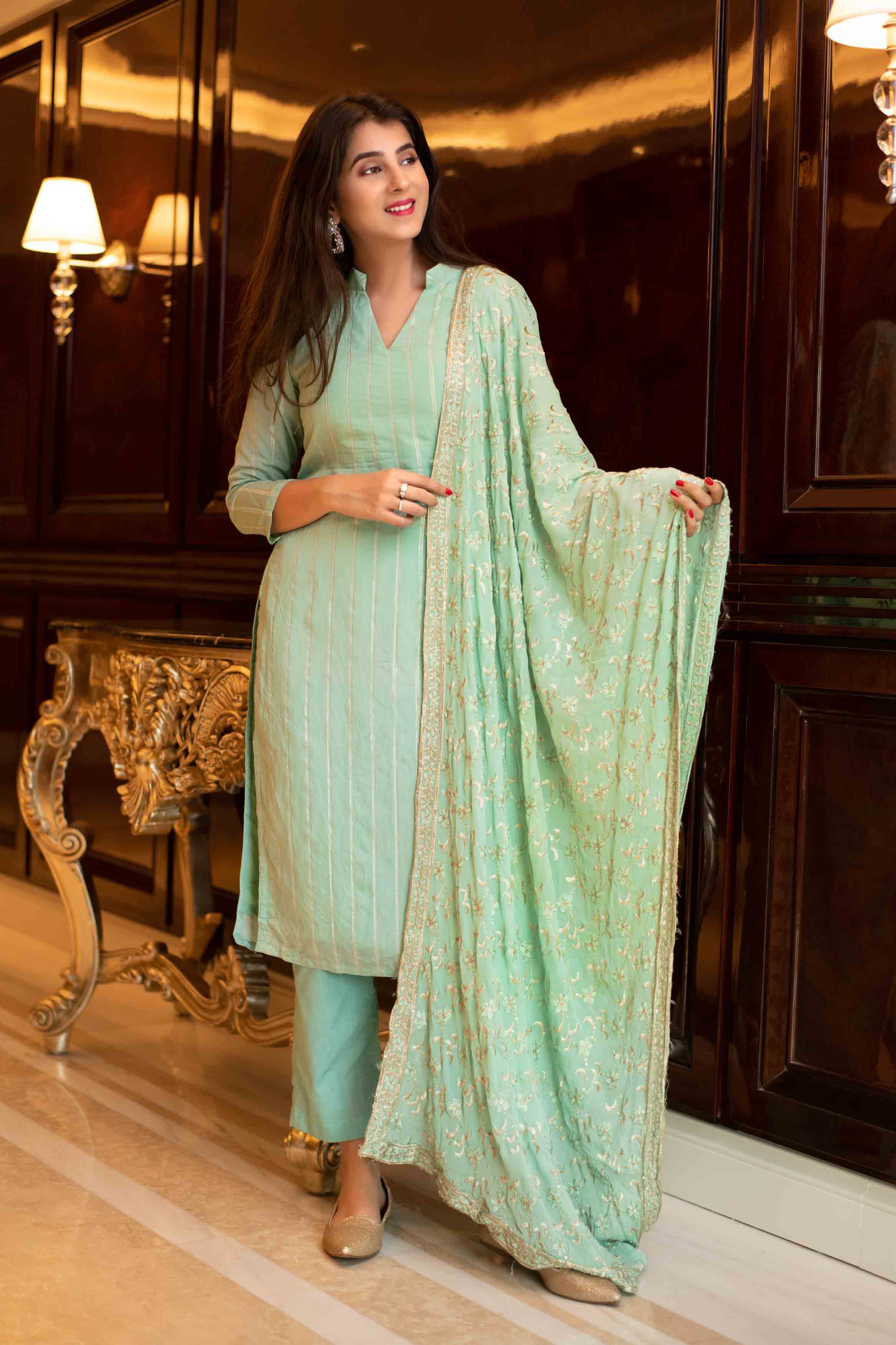 Women's Pista Green Chinon Heavy Zari Work Kurta Set