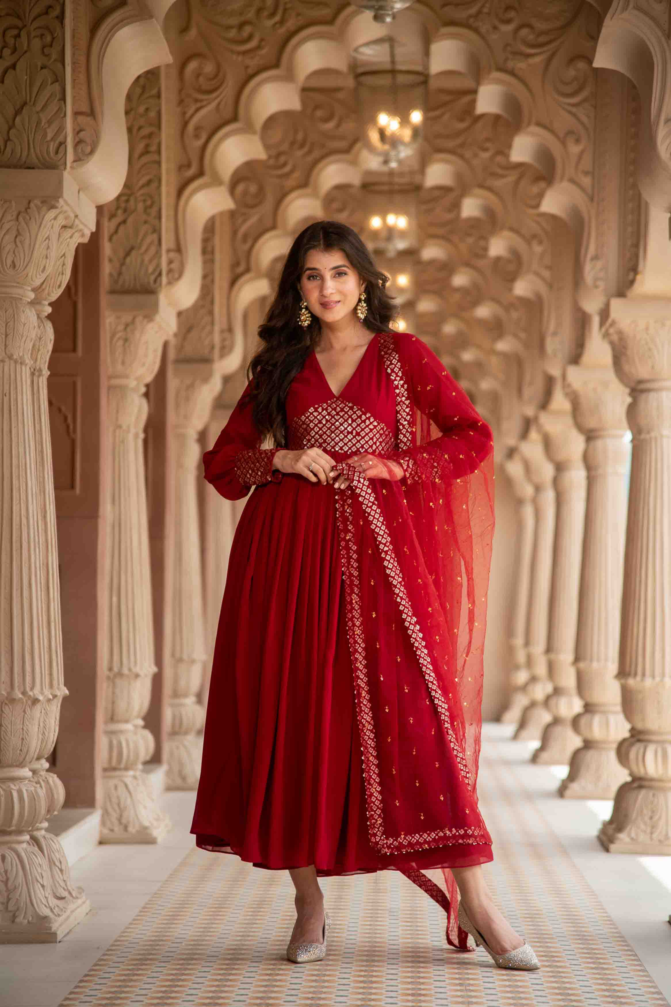 Women's Maroon V Neck Anarkali Set