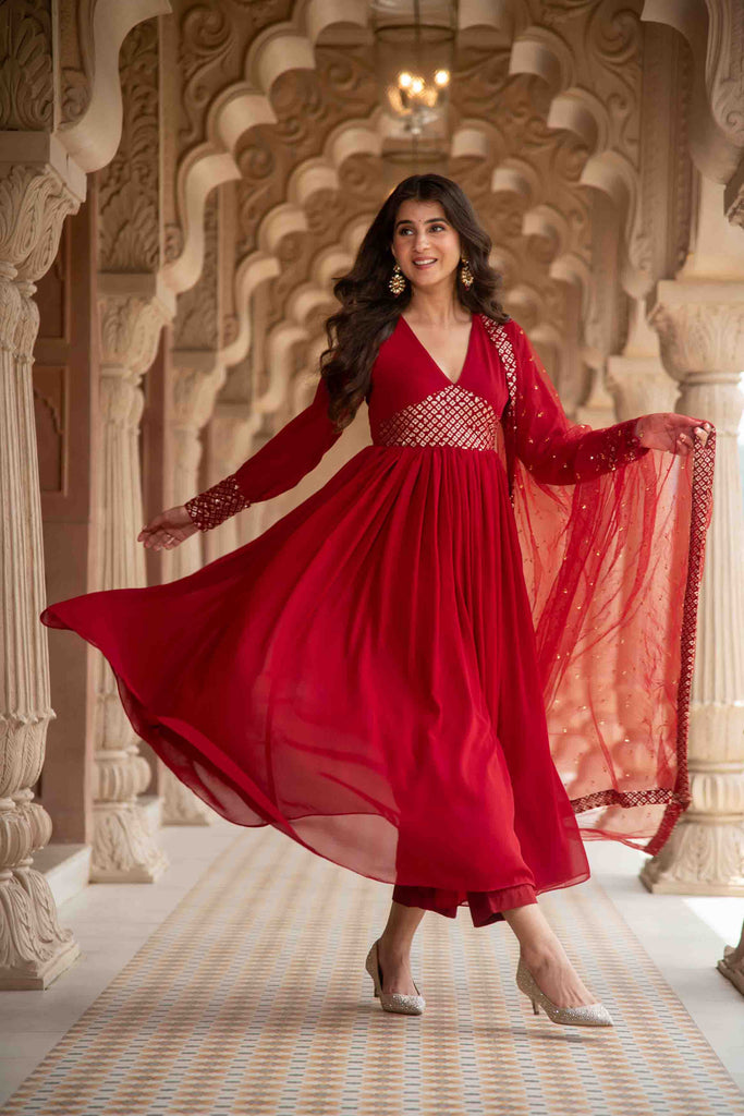 Women's Maroon V Neck Anarkali Set