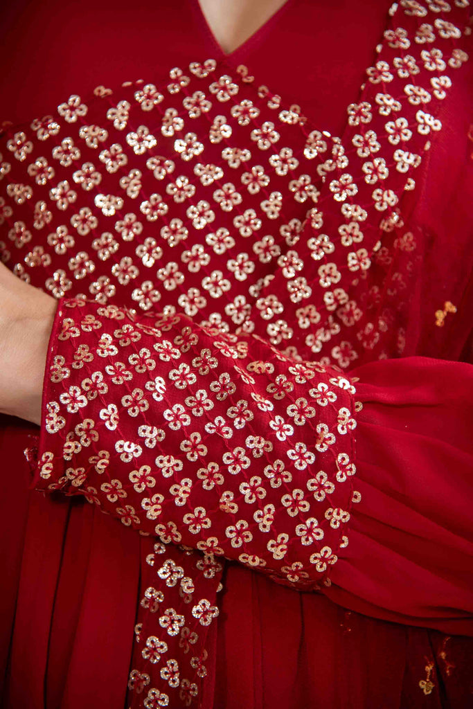 Women's Maroon V Neck Anarkali Set