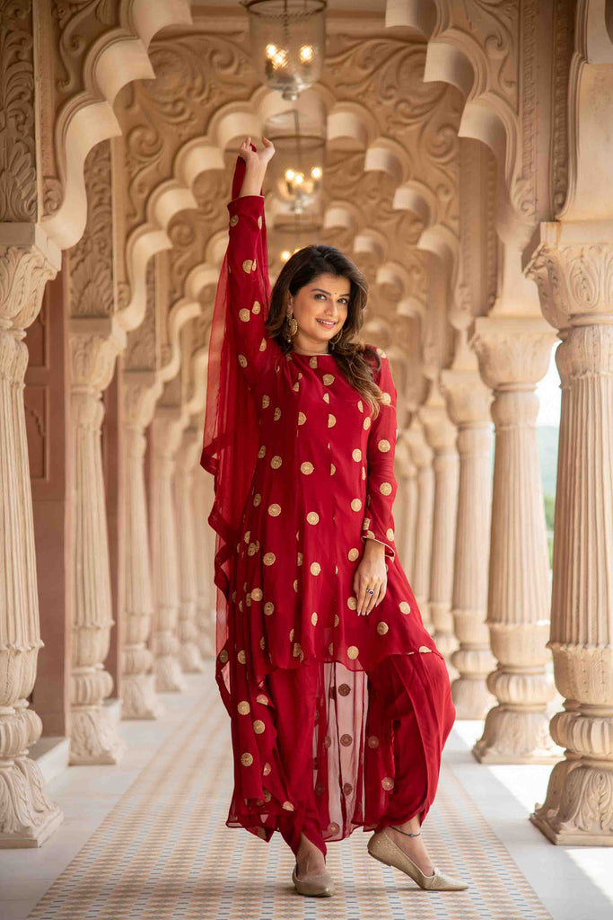 Women's Maroon High Low Dhoti Set