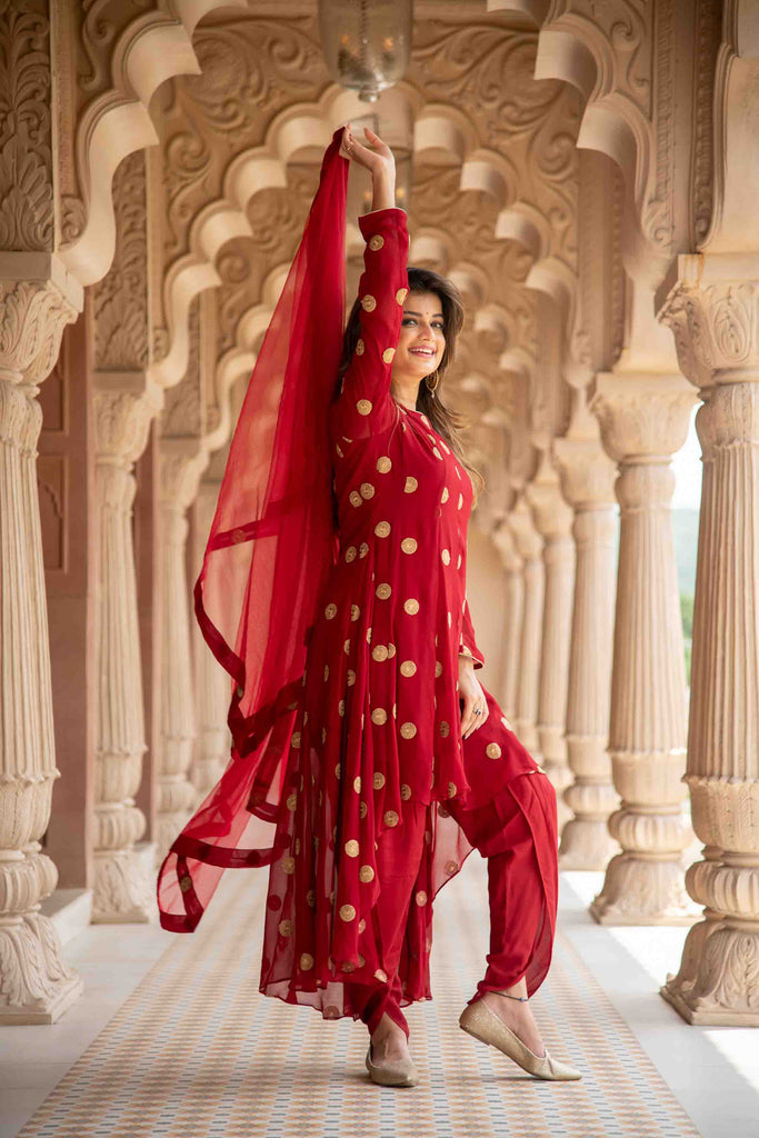 Women's Maroon High Low Dhoti Set