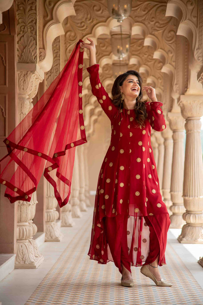 Women's Maroon High Low Dhoti Set
