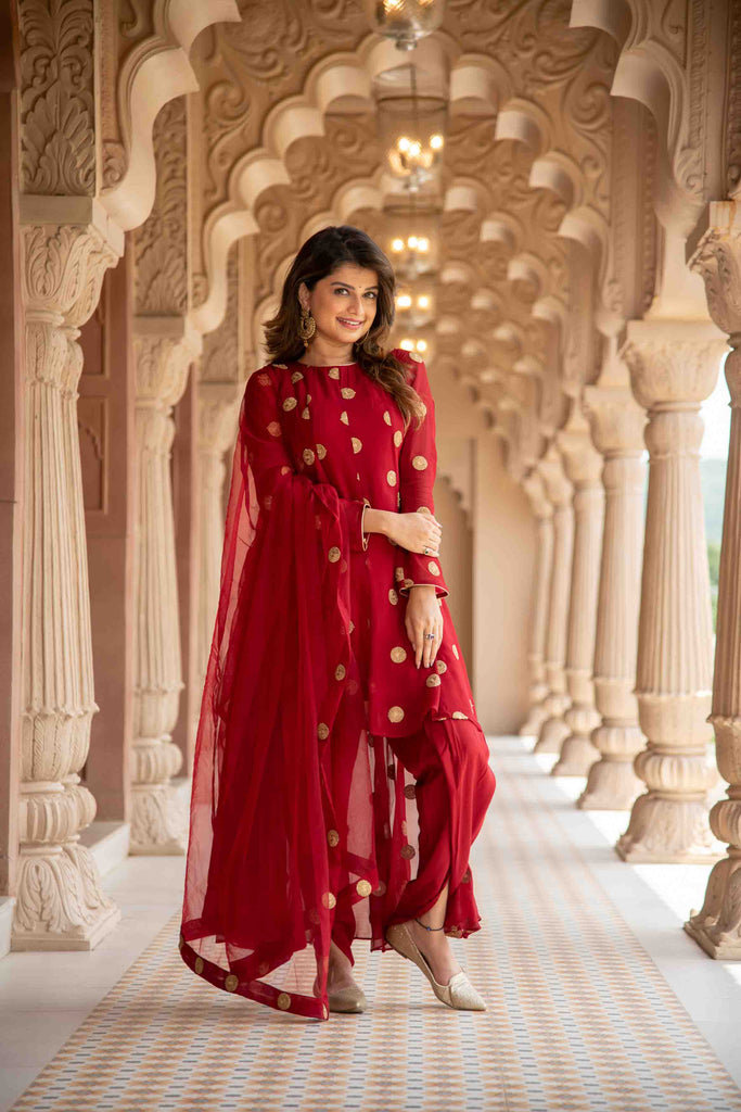 Women's Maroon High Low Dhoti Set
