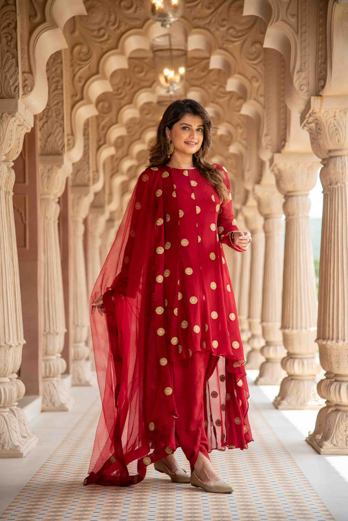 Women's Maroon High Low Dhoti Set