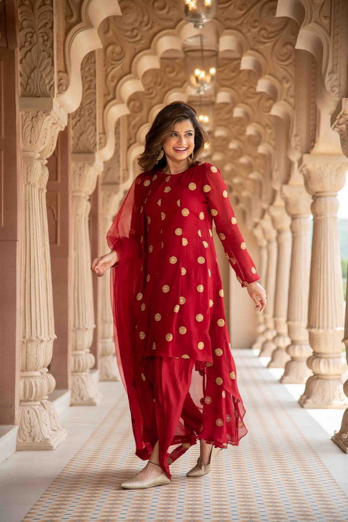 Women's Maroon High Low Dhoti Set
