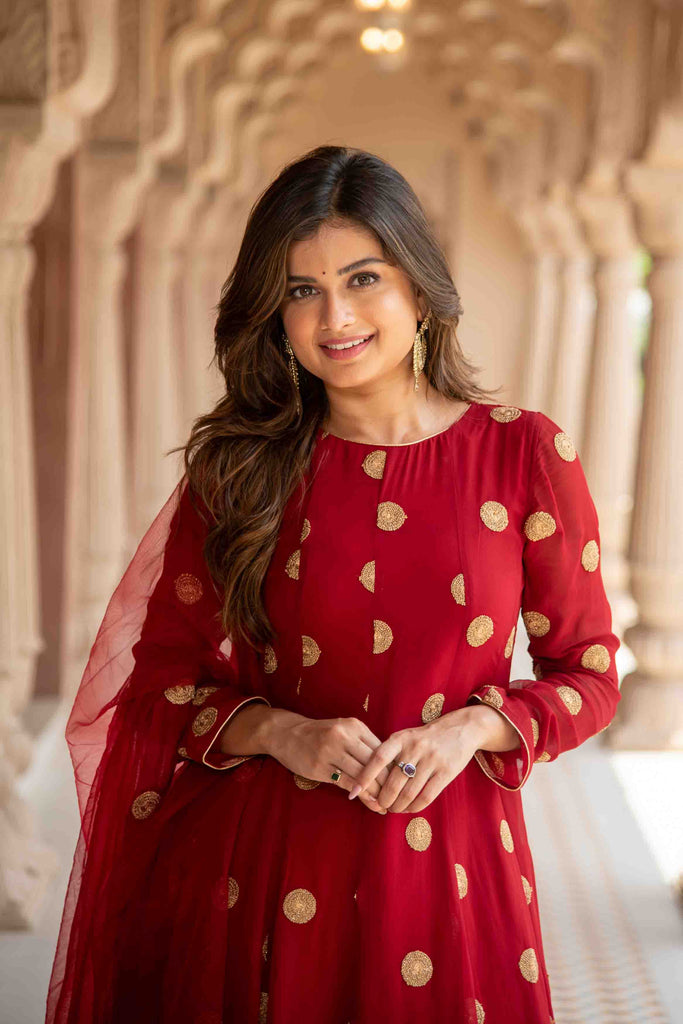 Women's Maroon High Low Dhoti Set