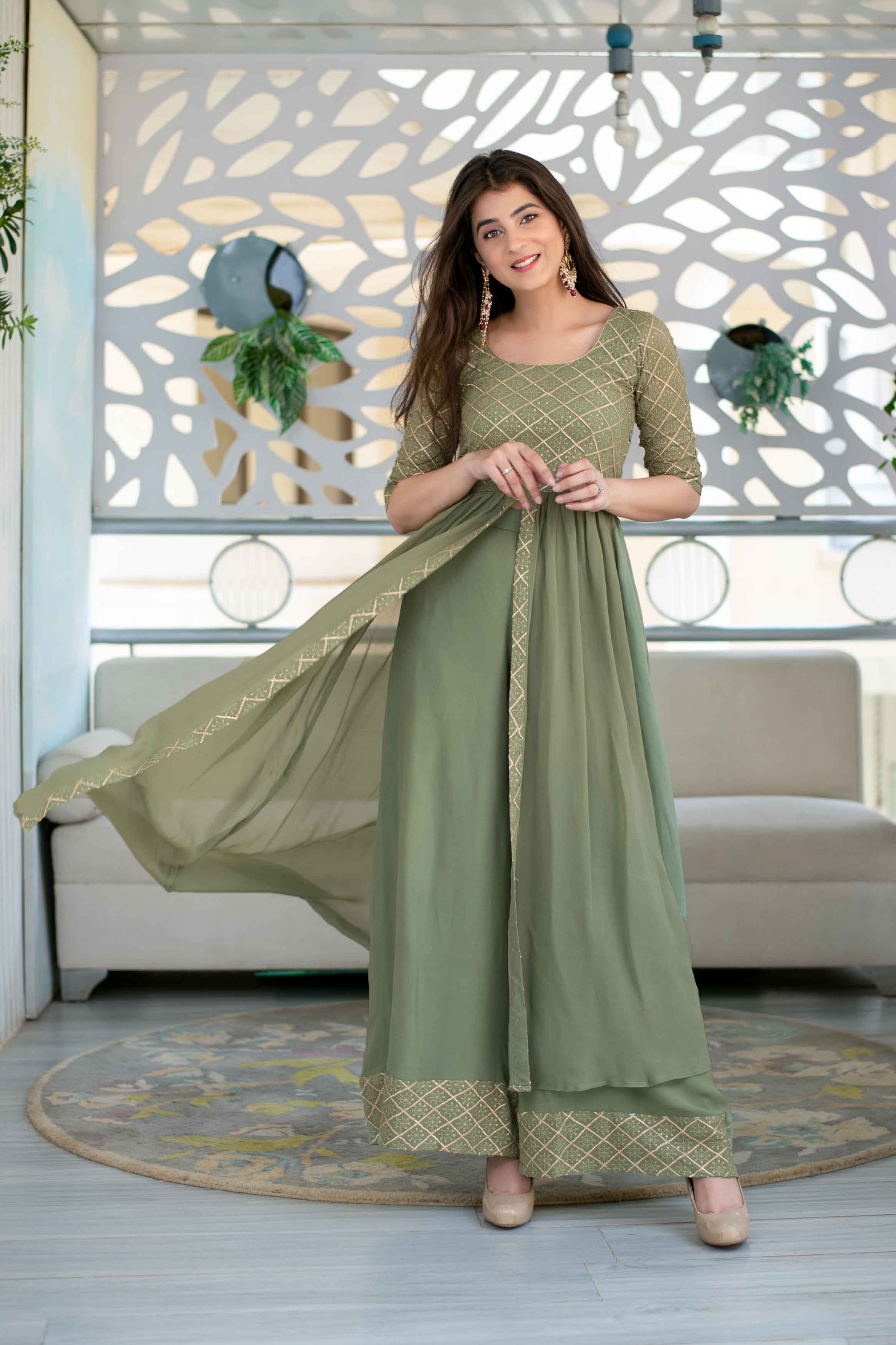 olive green western dress Women's Olive Criss- Cross Indo Western Dress