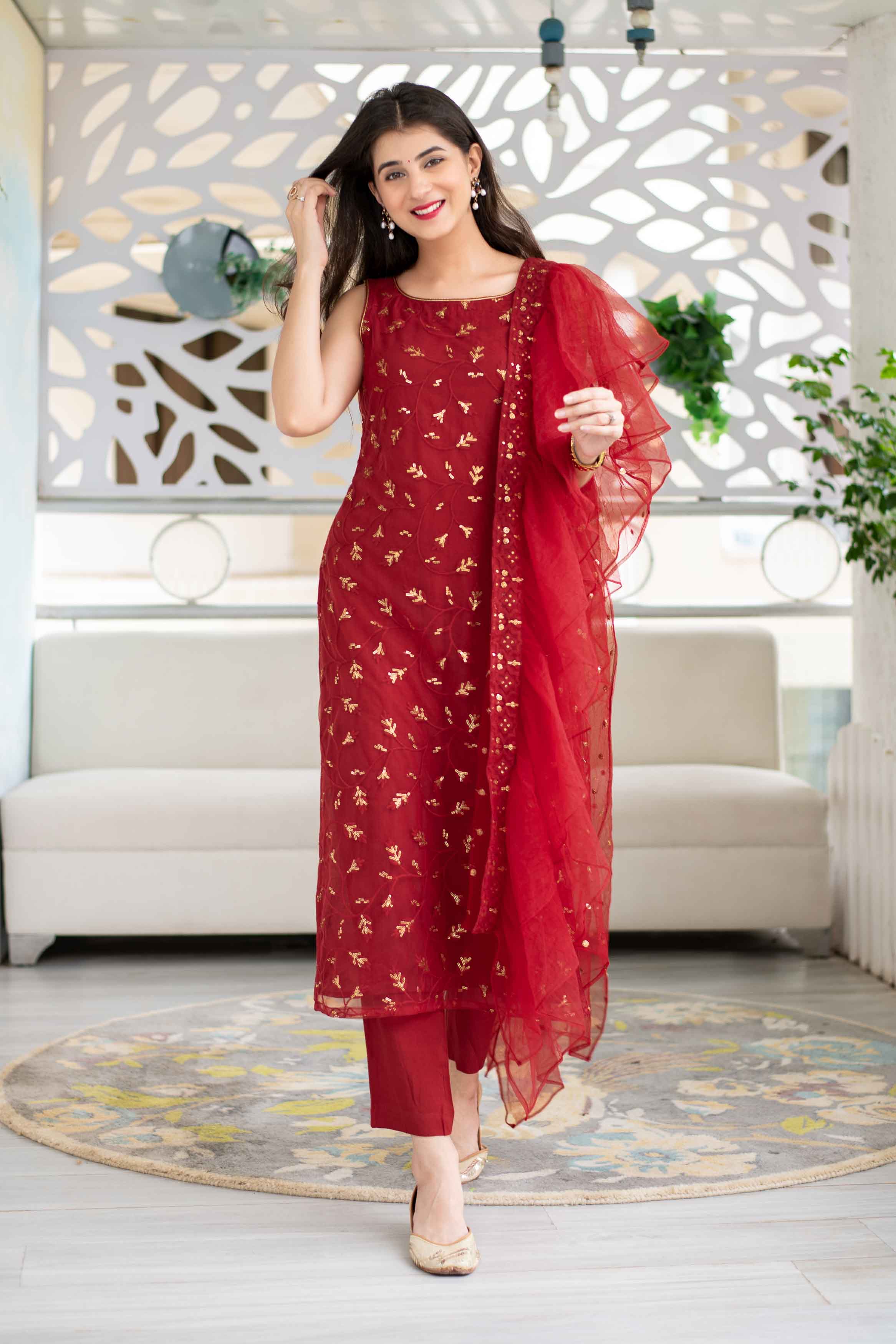 Buy anokherang Red Kurti With Red Mirror And Stone Dupatta (Set Of 2) online